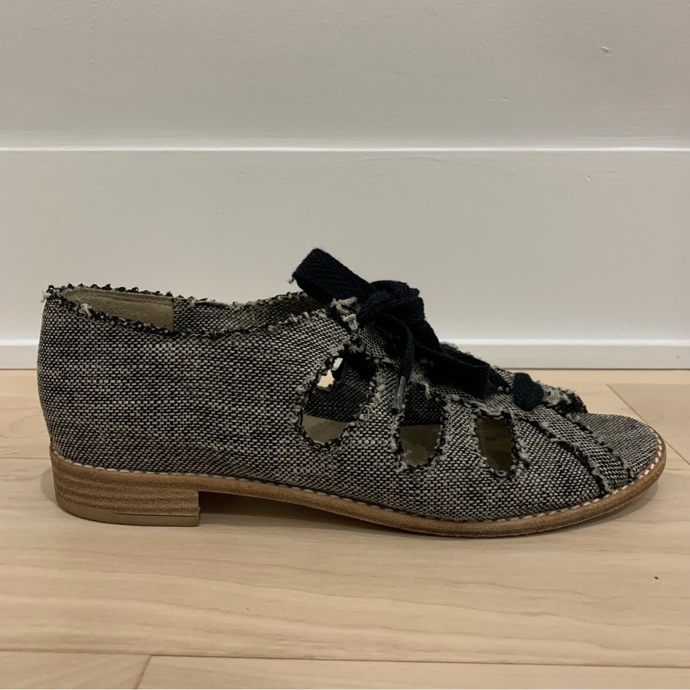 Stuart Weitzman Woven Open Toe Lace-Up Flats Sandals Boho Linen Burlap - Picture 4 of 9